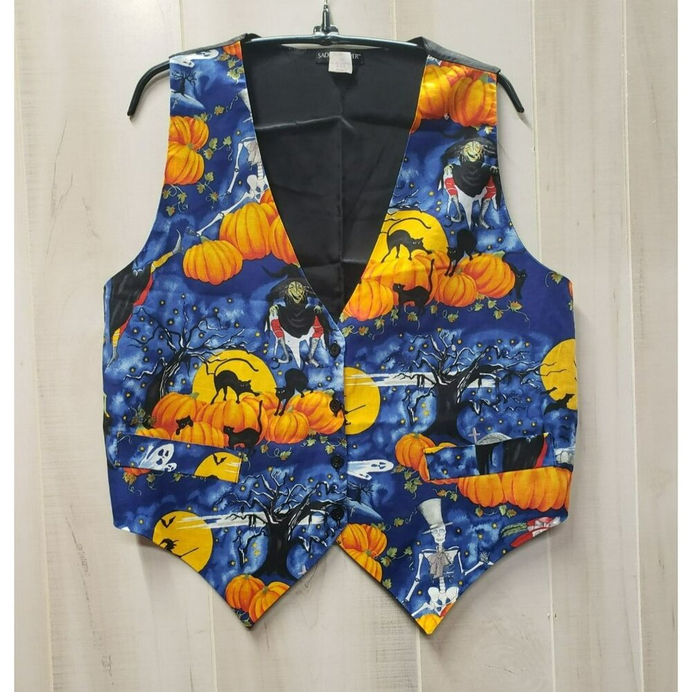 Saddle River Halloween Vest, Sz Large, Skeletons Pumpkins Ghosts Witches, button